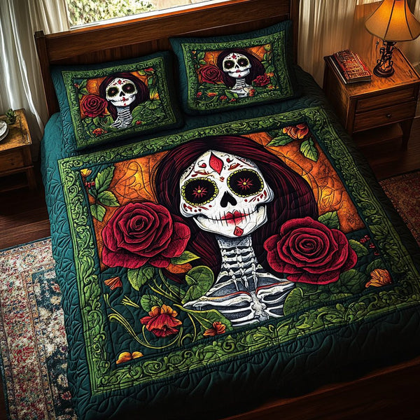 Festive Skull quilted 3-piece bedding set on a made bed in a winter-styled bedroom