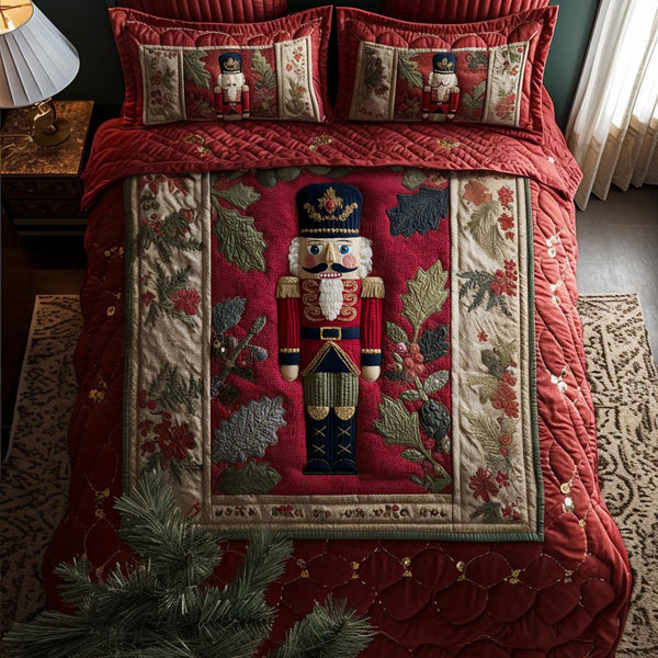 Festive Soldiers quilted 3-piece bedding set on a made bed in a winter-styled bedroom