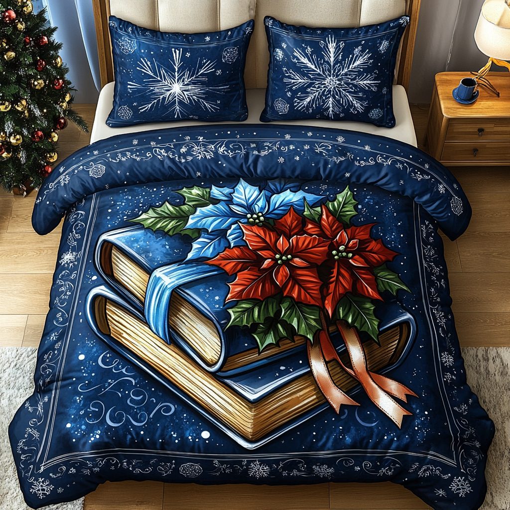 Festive Spine quilted 3-piece bedding set on a made bed in a winter-styled bedroom