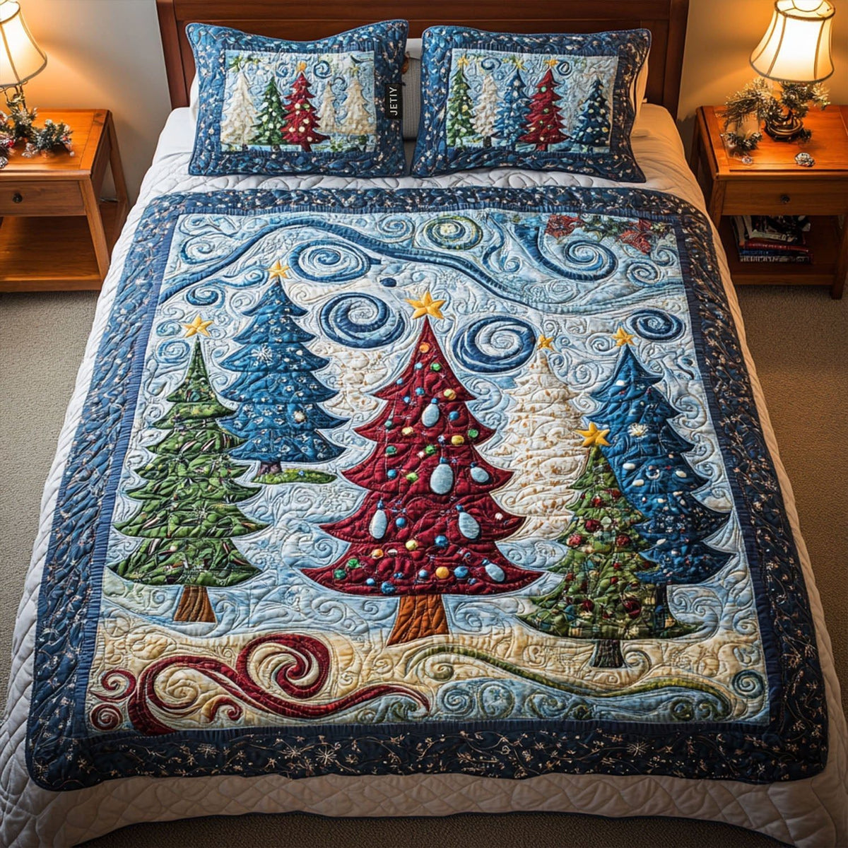 Festive Spirit quilted 3-piece bedding set on a made bed in a winter-styled bedroom