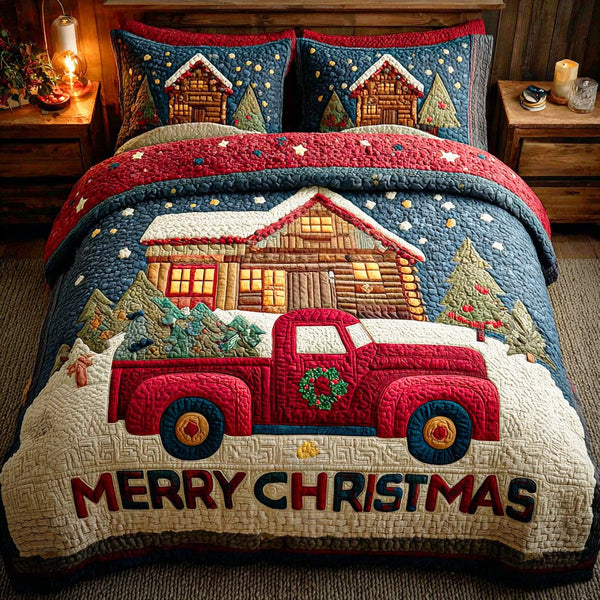 Festive Spirit quilted 3-piece bedding set on a made bed in a winter-styled bedroom