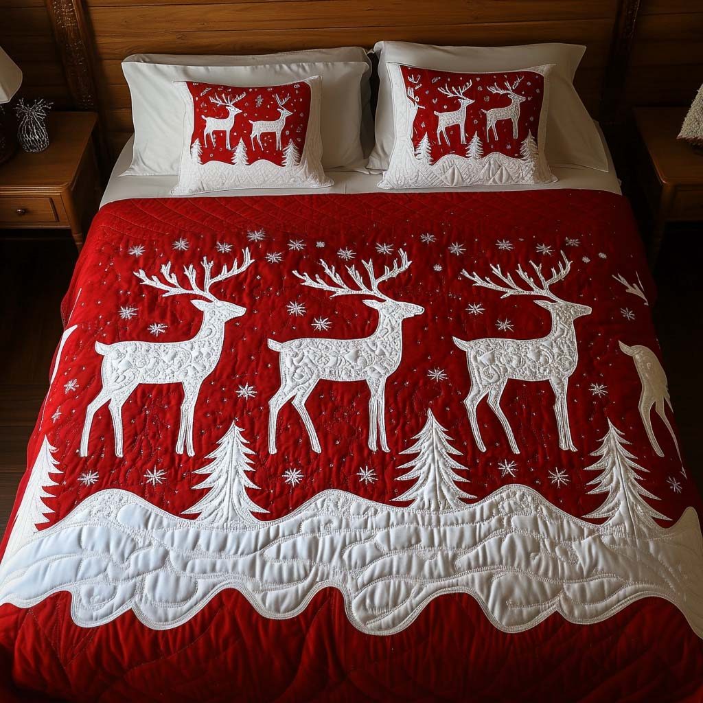 Festive Stag Elegance quilted 3-piece bedding set on a made bed in a winter-styled bedroom