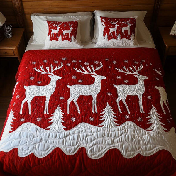 Festive Stag Elegance quilted 3-piece bedding set on a made bed in a winter-styled bedroom