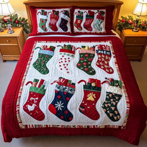 Festive Stockings quilted 3-piece bedding set on a made bed in a winter-styled bedroom
