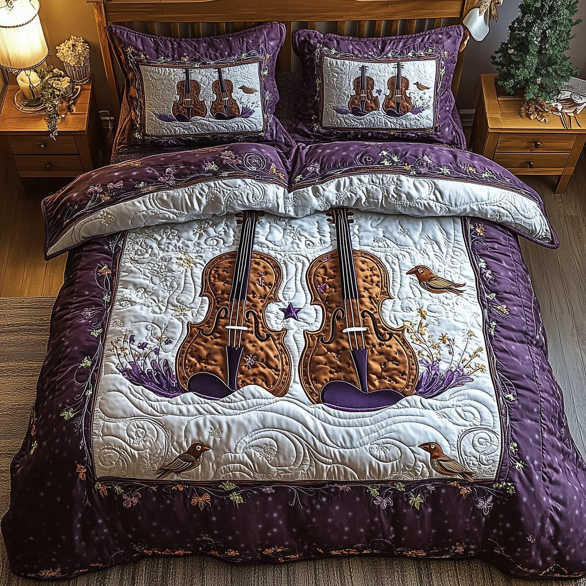 Festive String quilted 3-piece bedding set on a made bed in a winter-styled bedroom