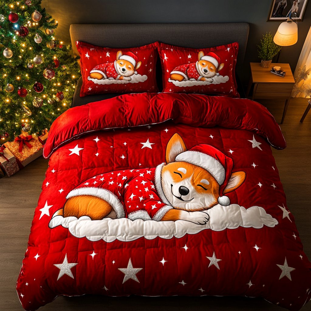 Festive Tails quilted 3-piece bedding set on a made bed in a winter-styled bedroom