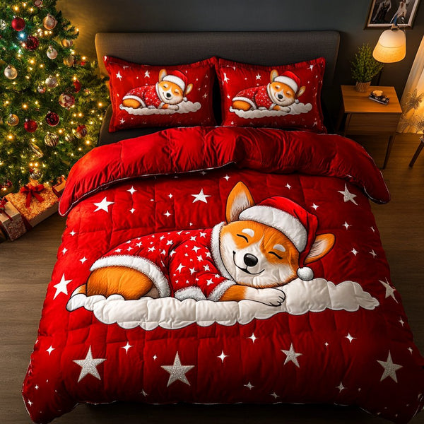 Festive Tails quilted 3-piece bedding set on a made bed in a winter-styled bedroom