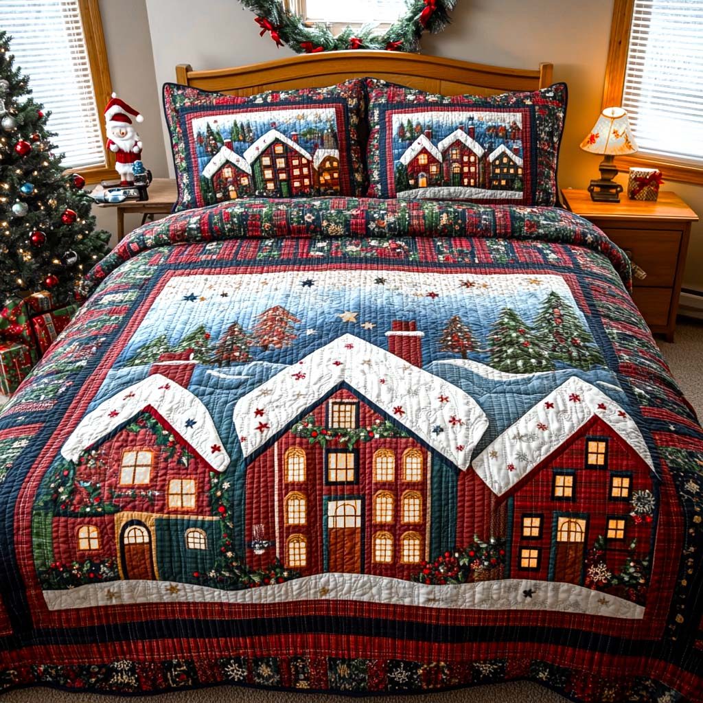 Festive Town Charm quilted 3-piece bedding set on a made bed in a winter-styled bedroom