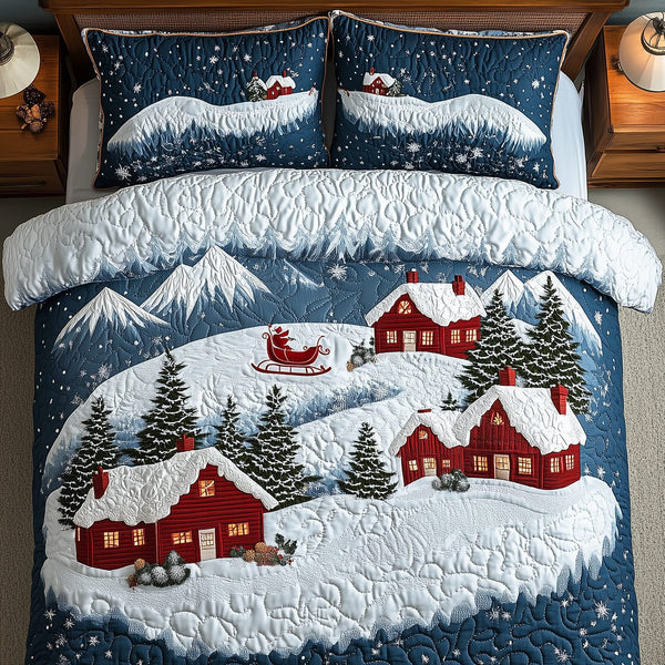 Festive Town quilted 3-piece bedding set on a made bed in a winter-styled bedroom