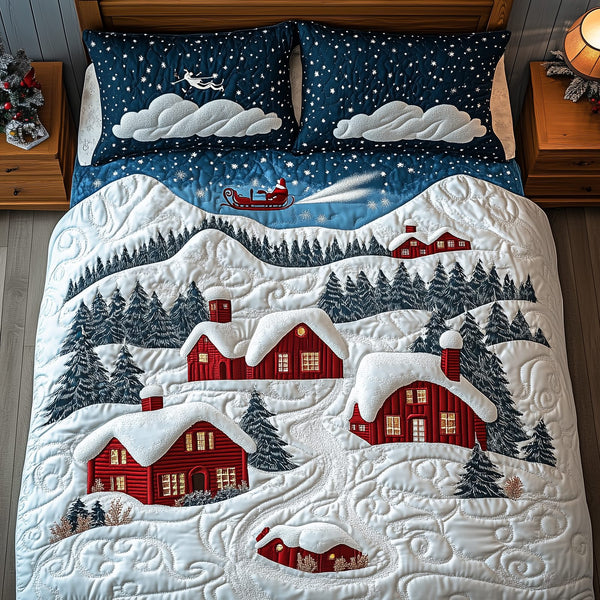 Festive Town quilted 3-piece bedding set on a made bed in a winter-styled bedroom