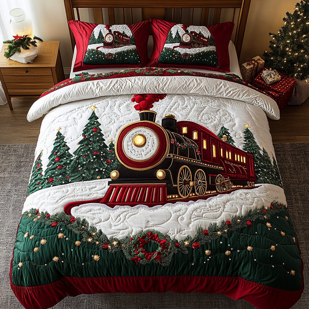 Festive Tracks Delight quilted 3-piece bedding set on a made bed in a winter-styled bedroom