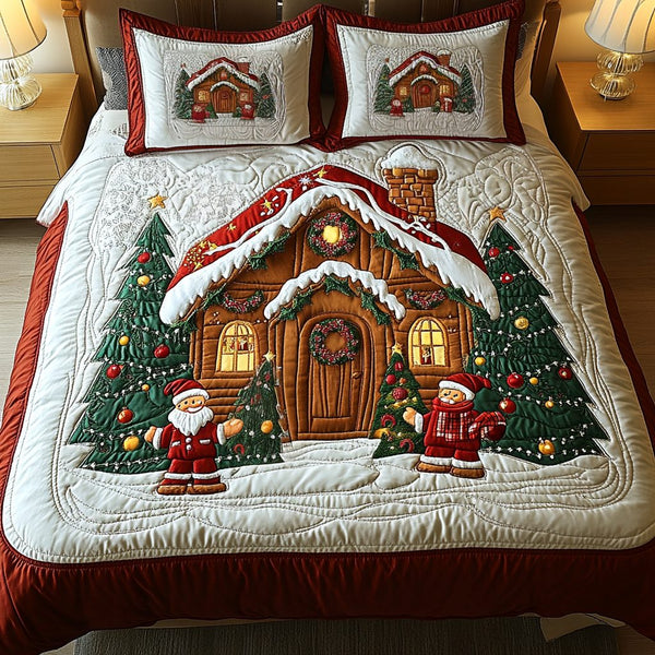 Festive Treat Retreat quilted 3-piece bedding set on a made bed in a winter-styled bedroom