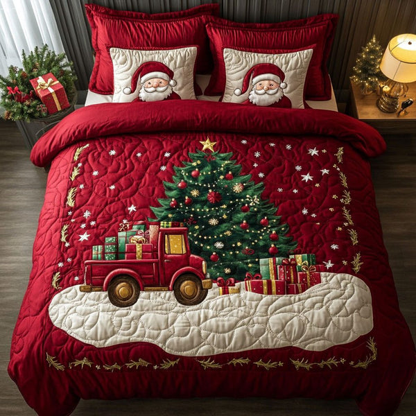 Festive Tree Hauler quilted 3-piece bedding set on a made bed in a winter-styled bedroom