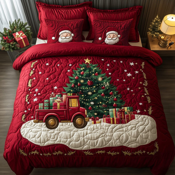 Festive Tree Hauler V2 quilted 3-piece bedding set on a made bed in a winter-styled bedroom