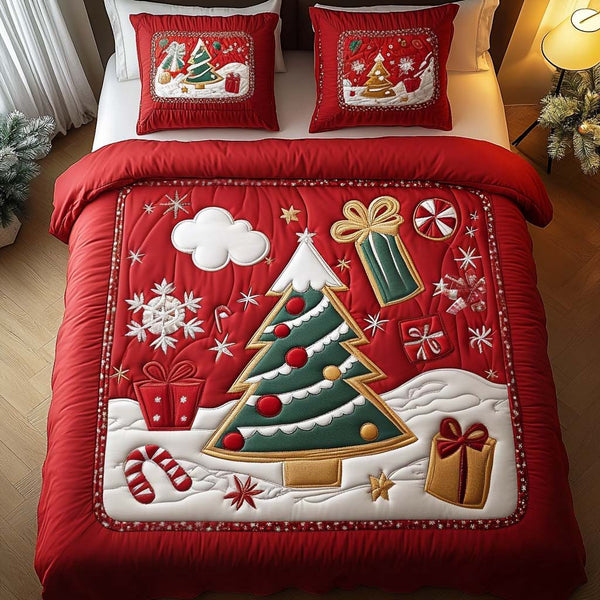 Festive Tree Joy quilted 3-piece bedding set on a made bed in a winter-styled bedroom
