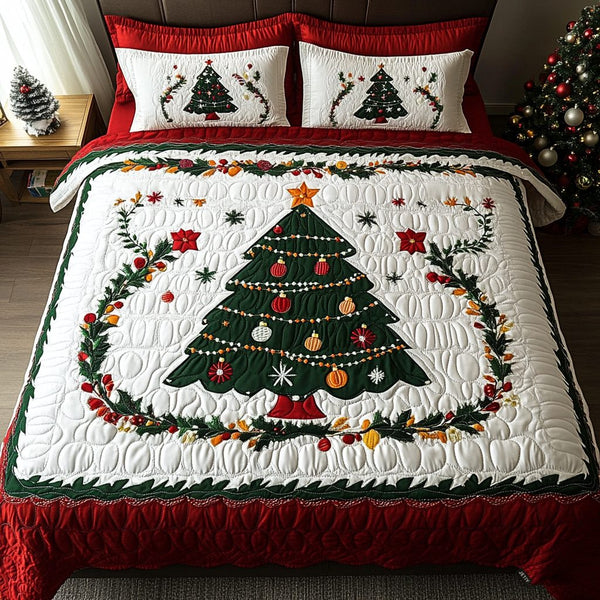 Festive Tree Magic quilted 3-piece bedding set on a made bed in a winter-styled bedroom