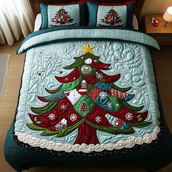 Festive Tree Quilt quilted 3-piece bedding set on a made bed in a winter-styled bedroom