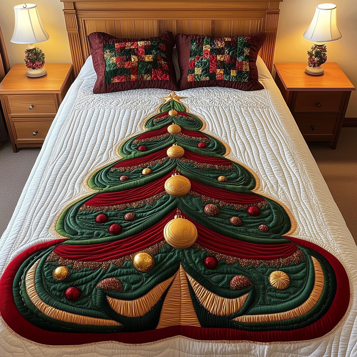 Festive Tree quilted 3-piece bedding set on a made bed in a winter-styled bedroom