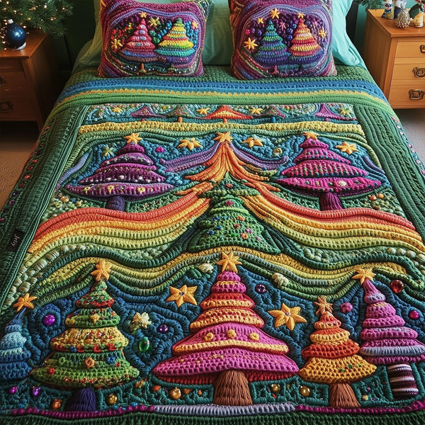 Festive Treescape quilted 3-piece bedding set on a made bed in a winter-styled bedroom
