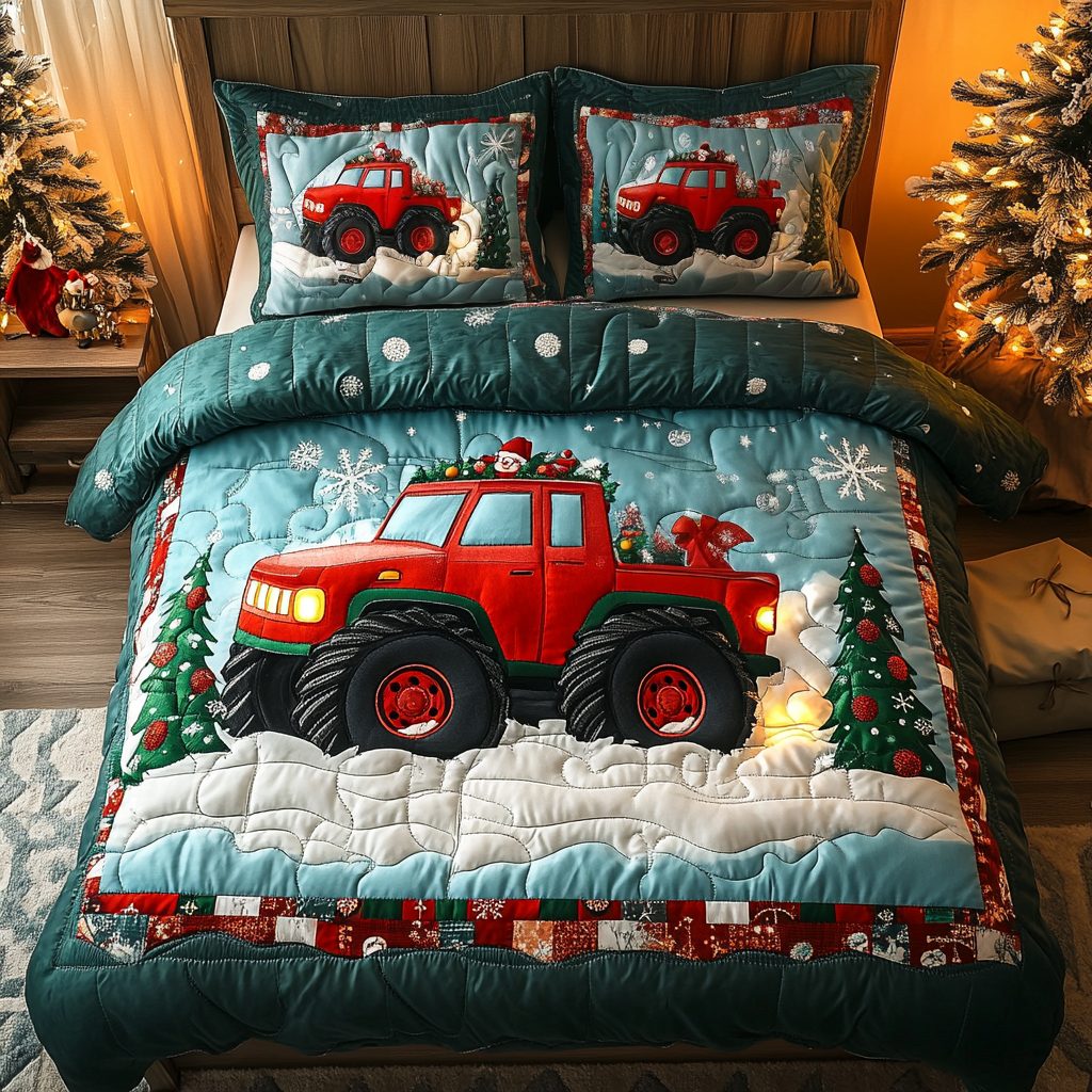 Festive Truck Adventure quilted 3-piece bedding set on a made bed in a winter-styled bedroom