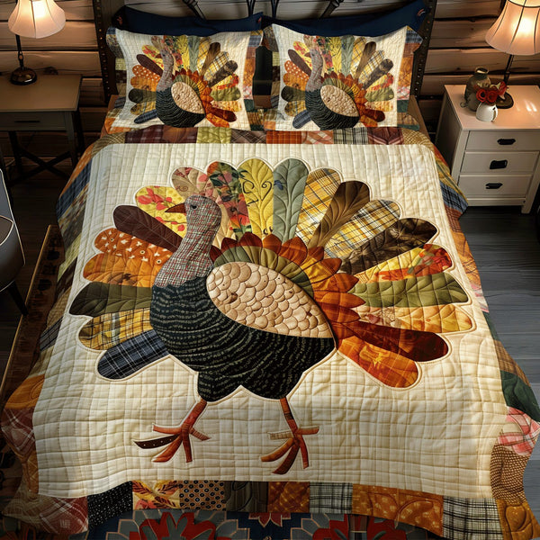 Festive Turkey quilted 3-piece bedding set on a made bed in a winter-styled bedroom