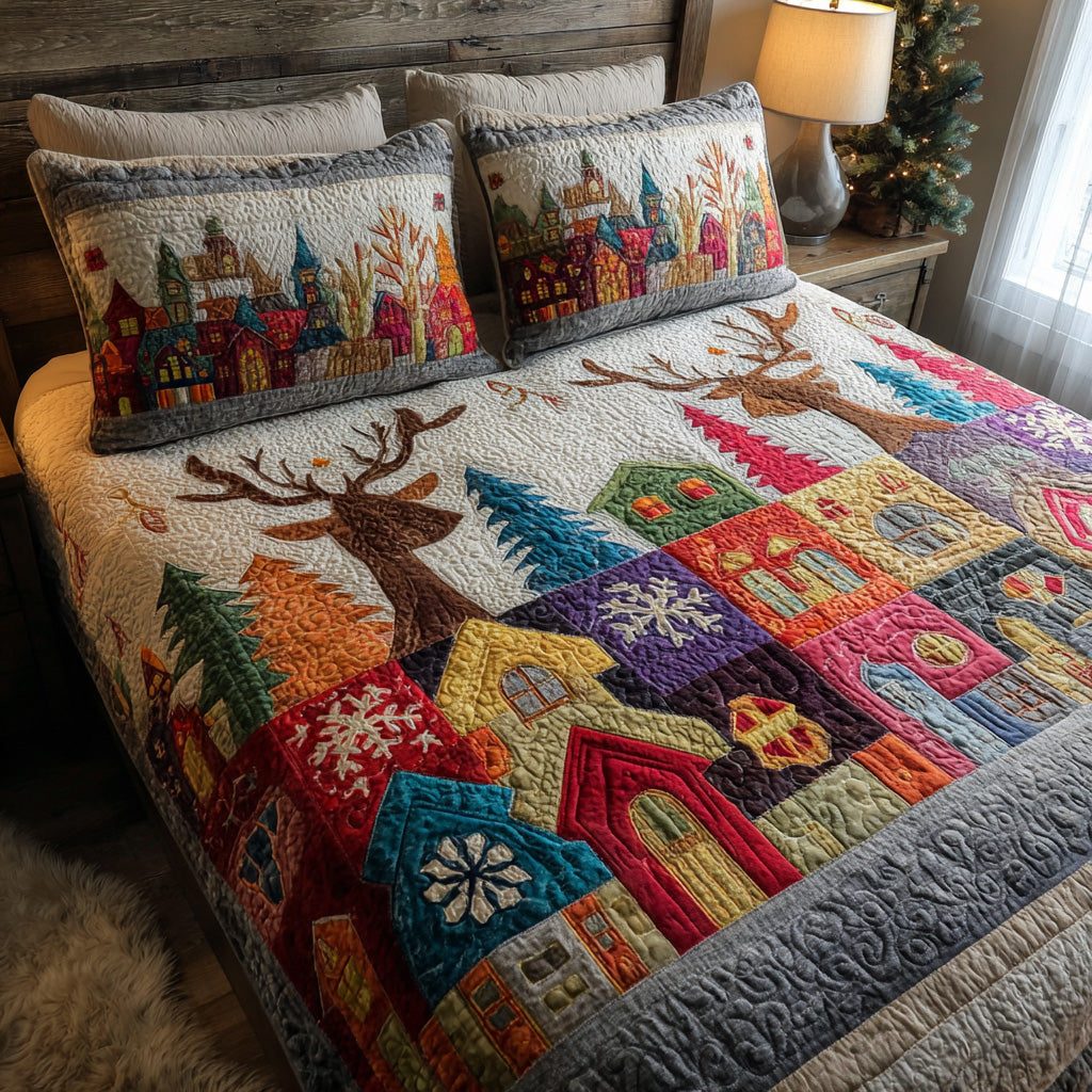 Festive Village quilted 3-piece bedding set on a made bed in a winter-styled bedroom