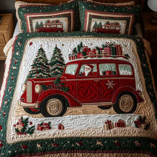 Festive Wheels quilted 3-piece bedding set on a made bed in a winter-styled bedroom