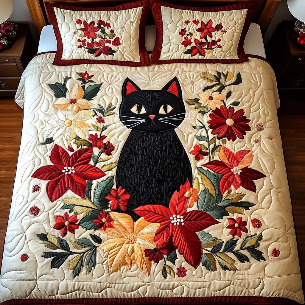 Festive Whiskers quilted 3-piece bedding set on a made bed in a winter-styled bedroom