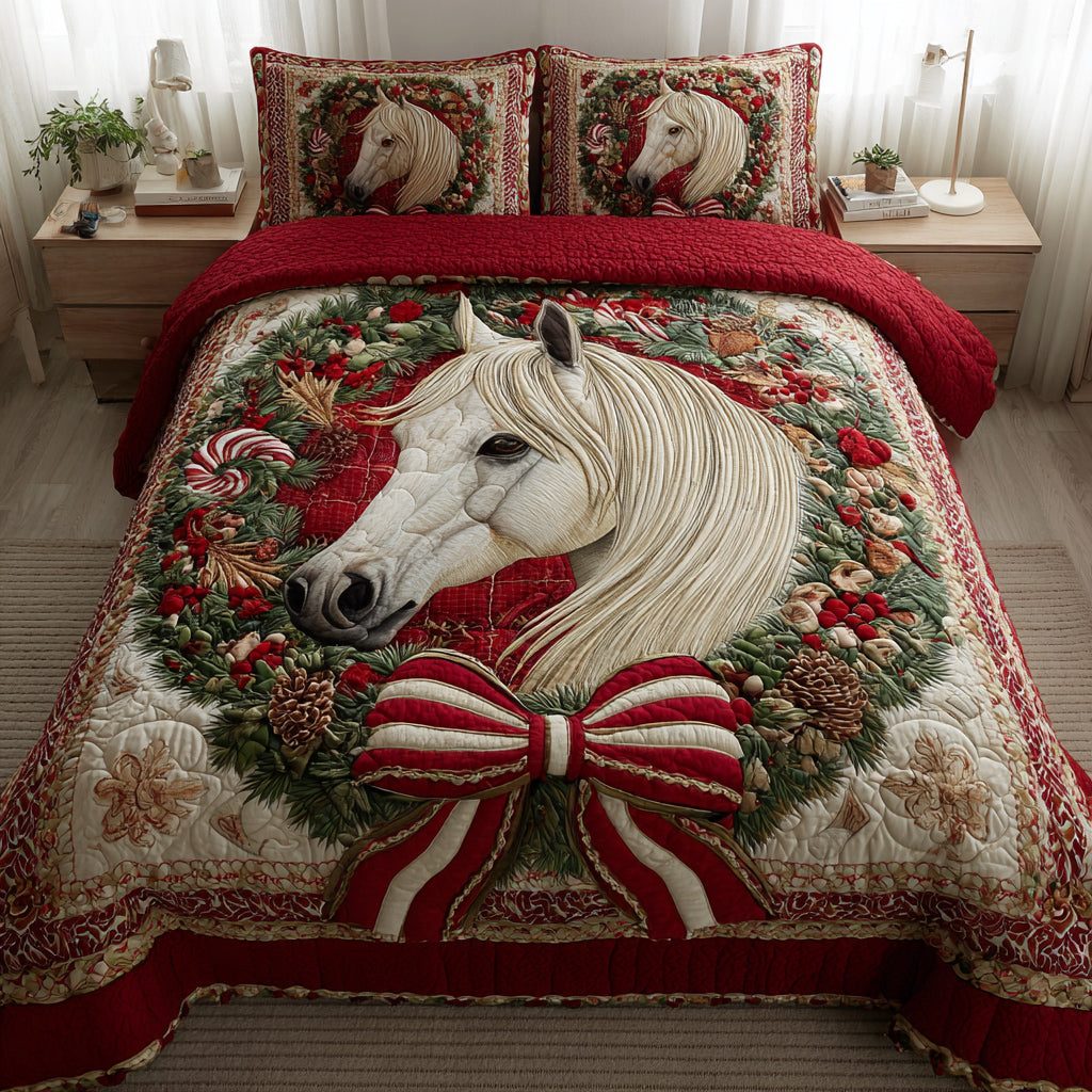 Festive White Horse quilted 3-piece bedding set on a made bed in a winter-styled bedroom