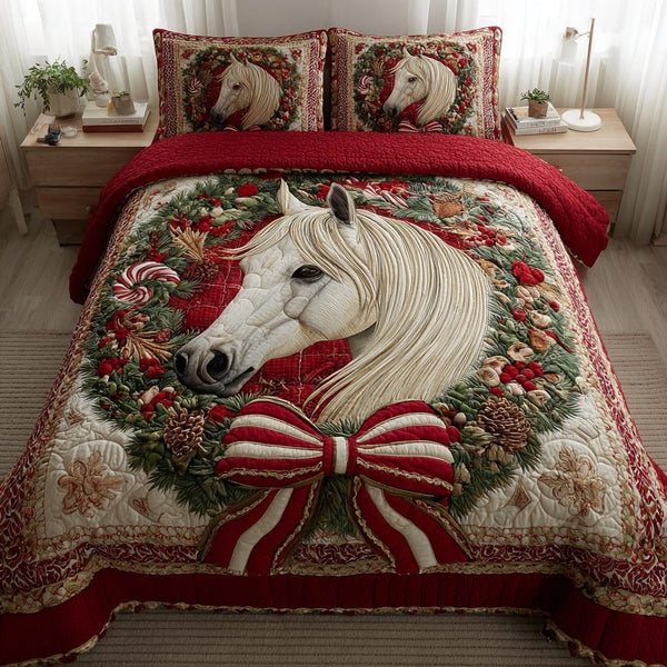 Festive White Horse quilted 3-piece bedding set on a made bed in a winter-styled bedroom
