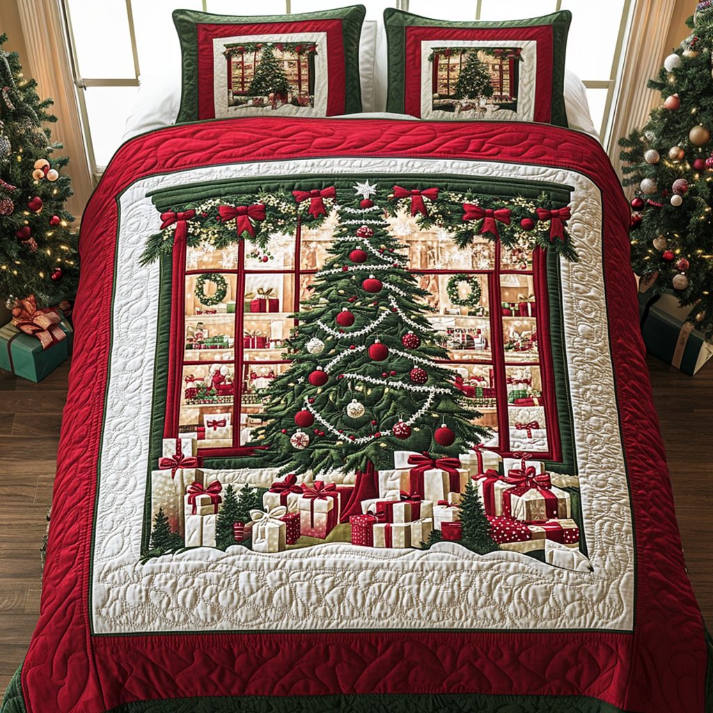 Festive Window Glow quilted 3-piece bedding set on a made bed in a winter-styled bedroom
