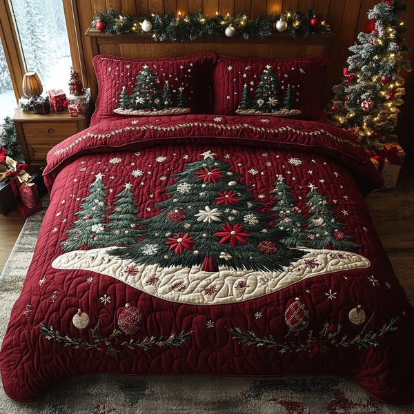 Festive Woods quilted 3-piece bedding set on a made bed in a winter-styled bedroom