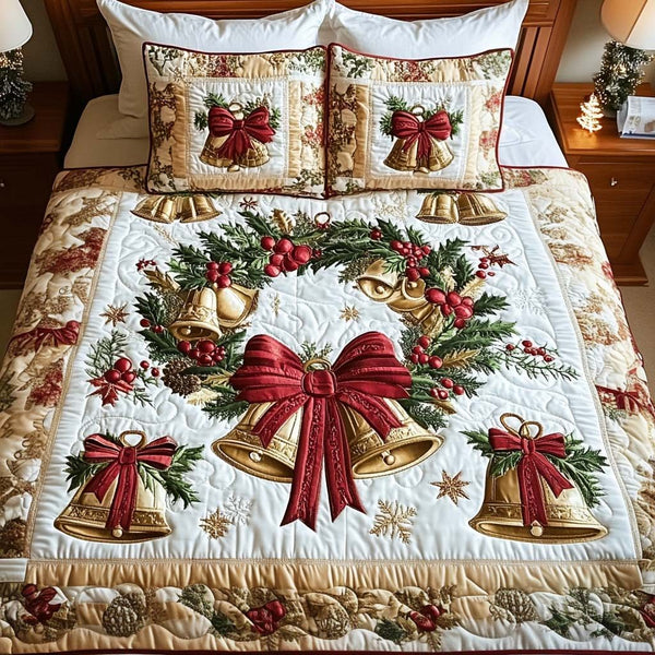 Festive Wreath quilted 3-piece bedding set on a made bed in a winter-styled bedroom
