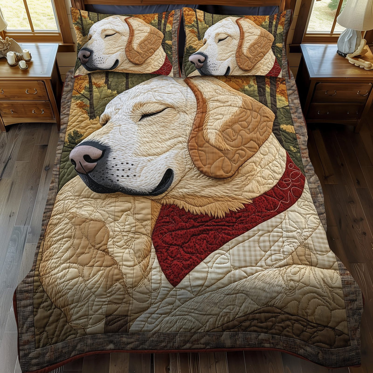 Fetch in the Fields quilted 3-piece bedding set on a made bed with two matching pillow shams