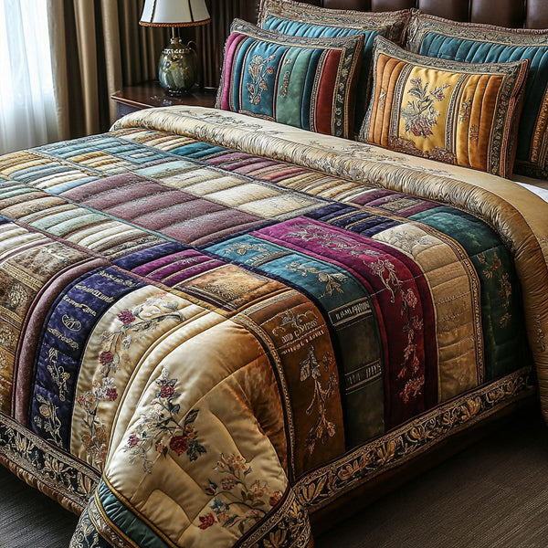 Fictional Comfort quilted 3-piece bedding set on a made bed with two matching pillow shams