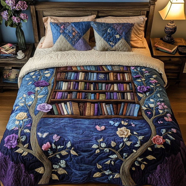 Fictional Haven quilted 3-piece bedding set on a made bed with two matching pillow shams