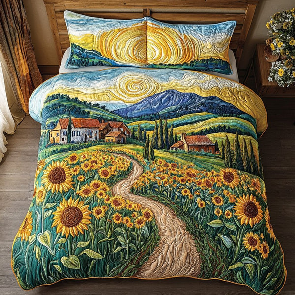 Field Dream quilted 3-piece bedding set on a made bed with two matching pillow shams