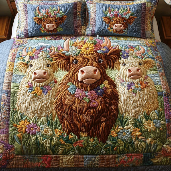 Field Friends quilted 3-piece bedding set on a made bed with two matching pillow shams