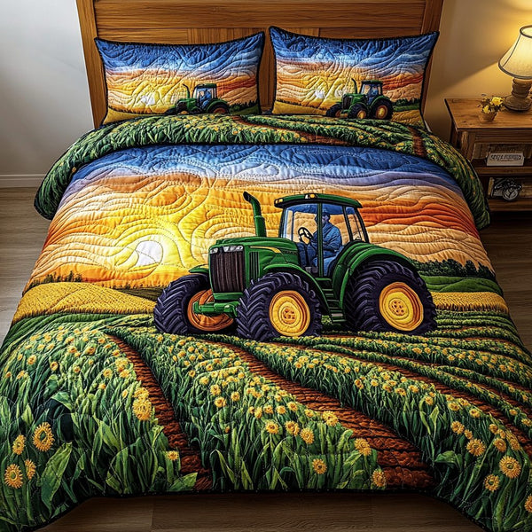 Field Journey quilted 3-piece bedding set on a made bed with two matching pillow shams