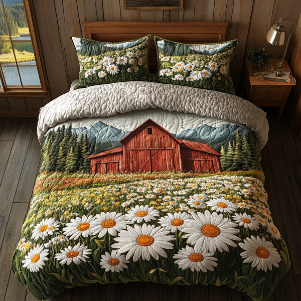Field of Daisies quilted 3-piece bedding set on a made bed with two matching pillow shams