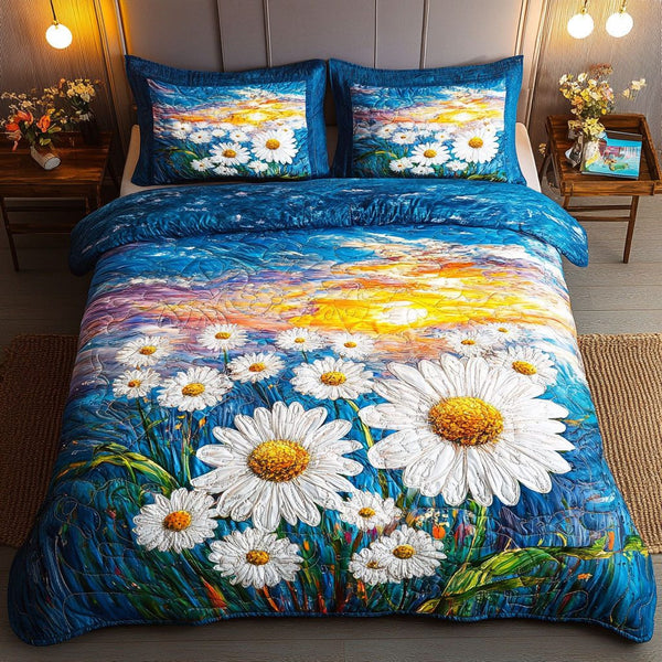 Field of Daisies quilted 3-piece bedding set on a made bed with two matching pillow shams