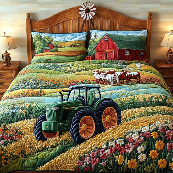 Field of Dreams quilted 3-piece bedding set on a made bed with two matching pillow shams