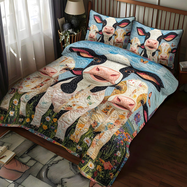 Field of Friends quilted 3-piece bedding set on a made bed with two matching pillow shams