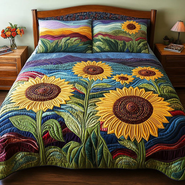 Field of Gold quilted 3-piece bedding set on a made bed with two matching pillow shams