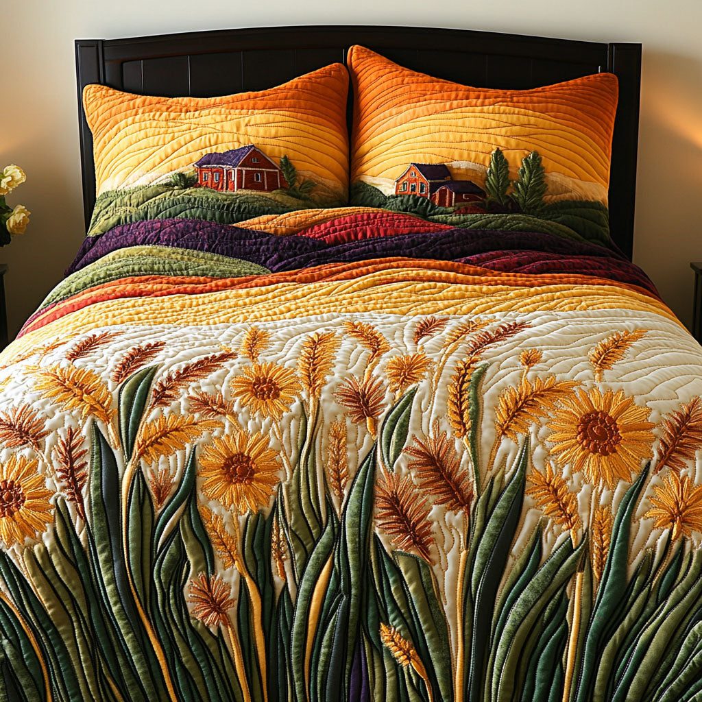 Field of Gold quilted 3-piece bedding set on a made bed with two matching pillow shams