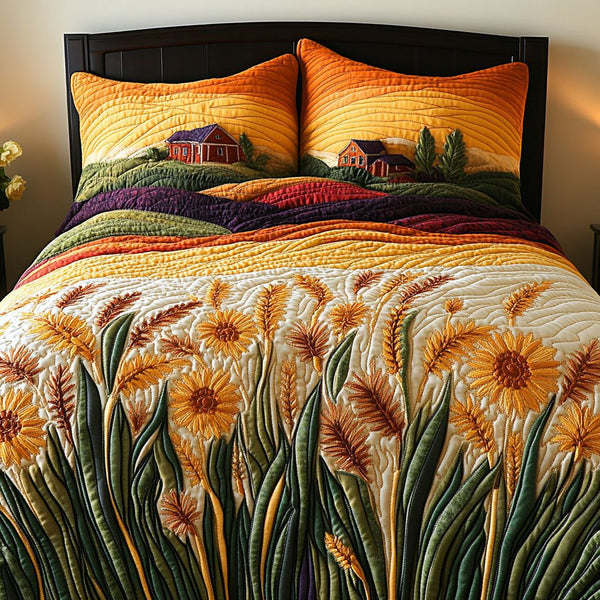 Field of Gold quilted 3-piece bedding set on a made bed with two matching pillow shams