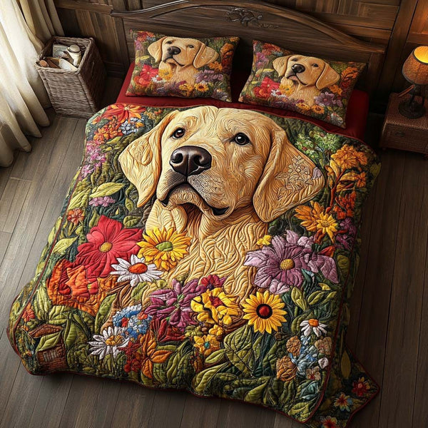 Field of Gold quilted 3-piece bedding set on a made bed with two matching pillow shams