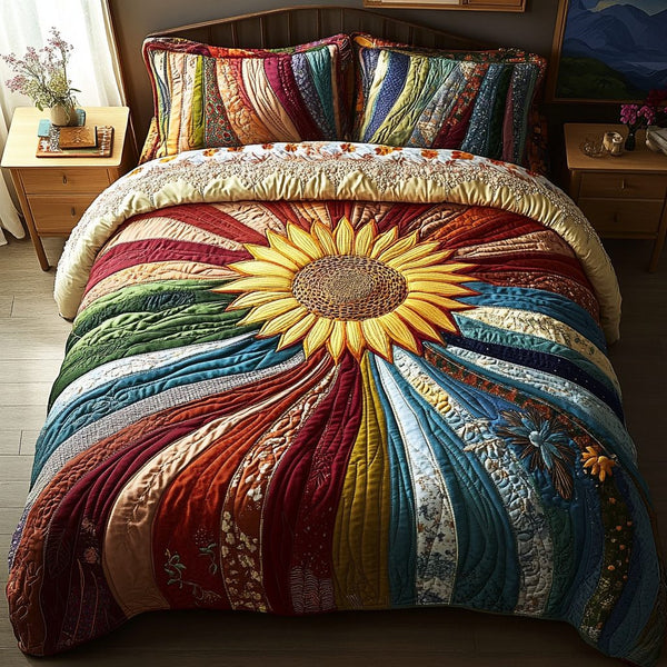 Field of Joy quilted 3-piece bedding set on a made bed with two matching pillow shams