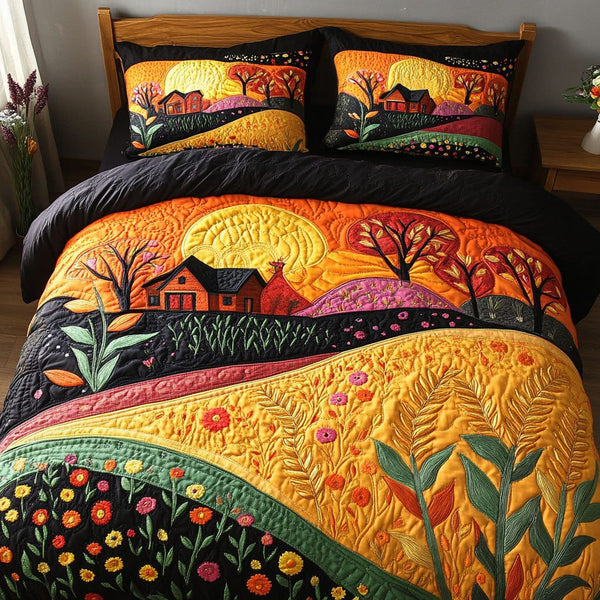 Field of Prosperity quilted 3-piece bedding set on a made bed with two matching pillow shams