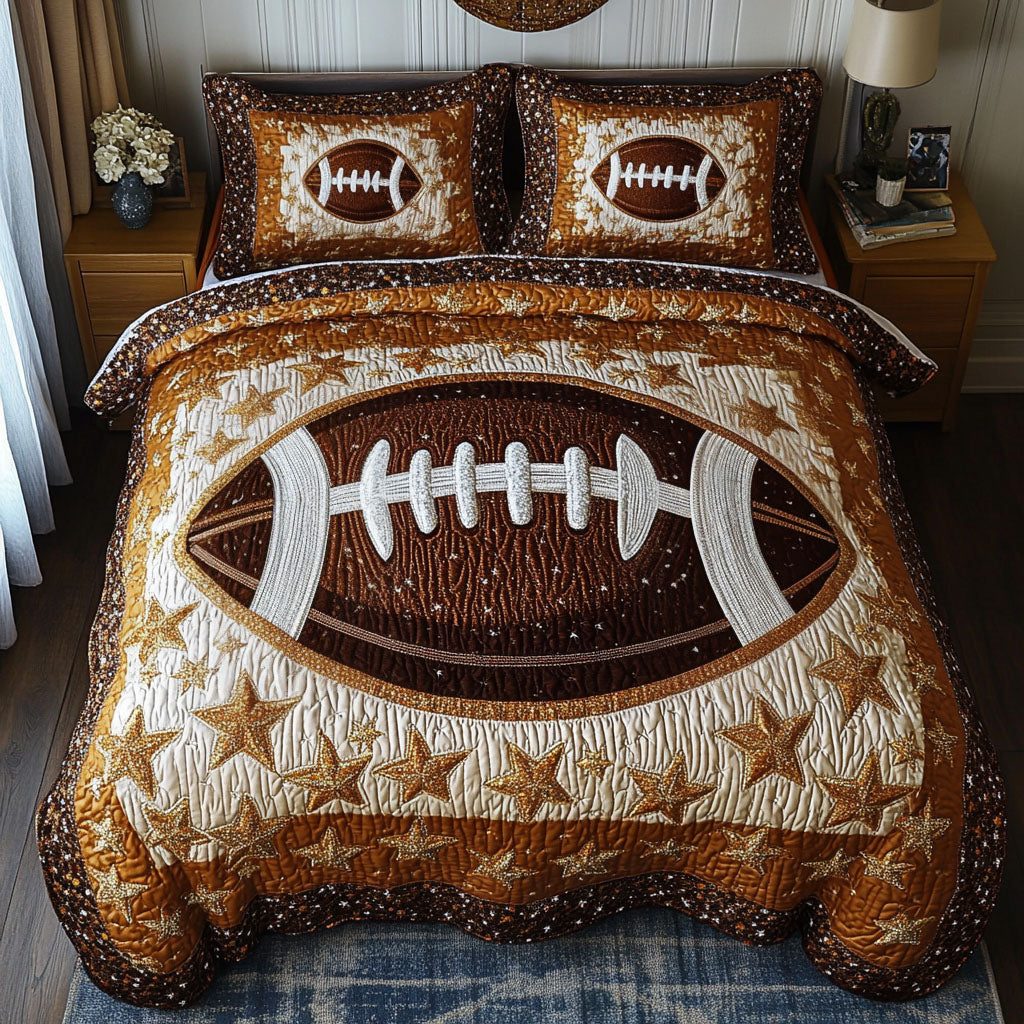 Field of Stars quilted 3-piece bedding set on a made bed with two matching pillow shams